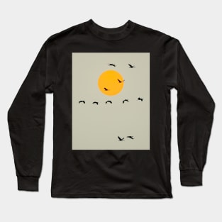 Common Cranes Flying in Front of Orange Setting Sun Long Sleeve T-Shirt